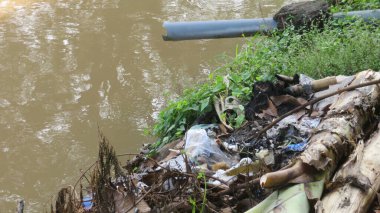 brown river water dirty river with trash and grass in the side