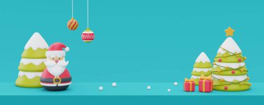 Noel arkaplanı, çam ağaçları, Noel Baba ve Noel süsü. Mutlu Noeller ve mutlu yıllar. 3d oluşturma