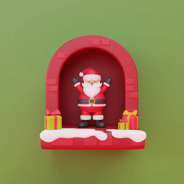 Fenster Weihnachtlich Dekoriert Mit Weihnachtsmann Und Geschenkschachteln Frohe Weihnachten Und — Stockfoto