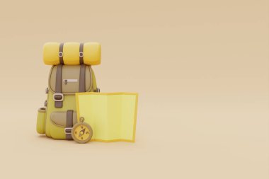 Kamp malzemeleri, harita ve pusula, kamp malzemeleri, yaz kampı, seyahat, yürüyüş, 3 boyutlu görüntüleme.