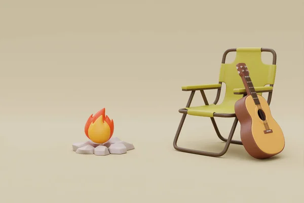 Cadeira Acampamento Dobrável Com Guitarra Fogueira Elementos Para Camping Acampamento — Fotografia de Stock
