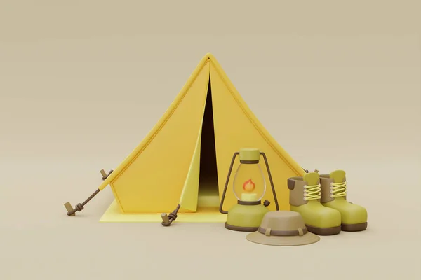 Attrezzatura Campeggio Con Scarpe Trekking Lanterna Cappello Trekking Tenda Esterna — Foto Stock