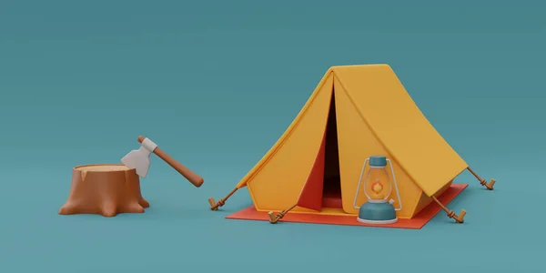 Tente Camping Touristique Avec Lanterne Hache Souche Éléments Pour Camping — Photo