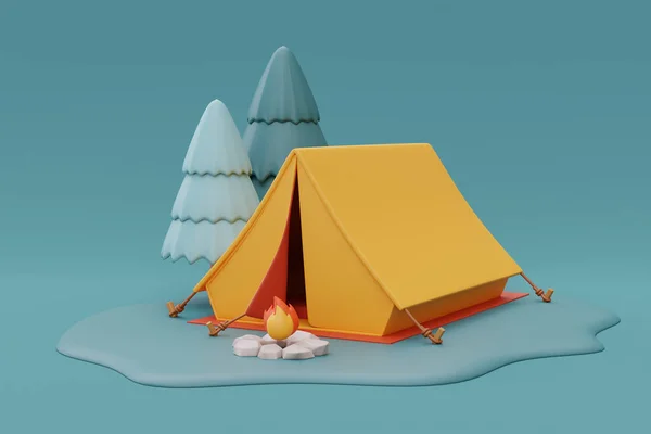 Tourist camping tent and campfire on camping place, elements for camping, summer camp, traveling, trip, hiking, 3d rendering