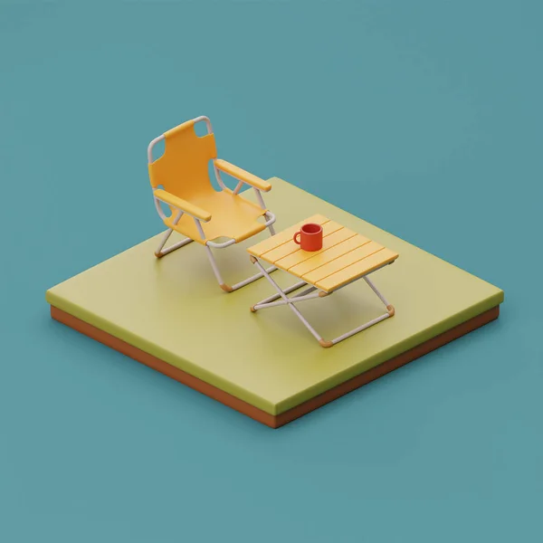 营地的性质与折叠椅 露营元素 夏令营 3D渲染 — 图库照片