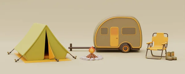 観光キャンプテントやトレーラー キャンプのための要素 夏のキャンプ ハイキングと自然の中でキャンプ場 3Dレンダリング — ストック写真