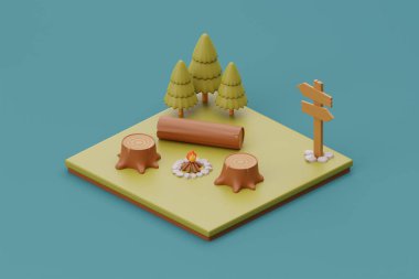 Kamp alanı, kamp ateşi ve odun kütüğü, yaz kampı, seyahat, gezi, yürüyüş. İzometrik kamp, 3D görüntüleme