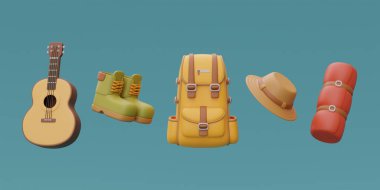 Sırt çantalı, gitarlı, yürüyüş ayakkabılı ve şapkalı, yaz kampında seyahat eden, gezen, yürüyüş yapan elementler. 3d oluşturma