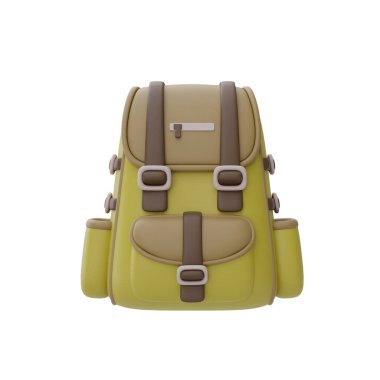 Beyaz arka planda izole edilmiş seyahat çantası, kamp malzemeleri, yaz kampı konsepti, tatil tatili. 3d oluşturma