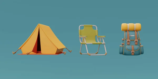 Комплект Элементов Кемпинга Туристической Палаткой Рюкзаком Складным Креслом Летним Лагерем — стоковое фото