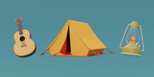 Conjunto Elementos Para Camping Com Barraca Acampamento Turístico Guitarra Lanterna — Fotografia de Stock