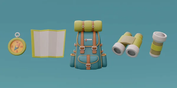 Set of elements for camping with backpack, map, compass, binoculars and flashlight, traveling, trip, hiking. 3d rendering