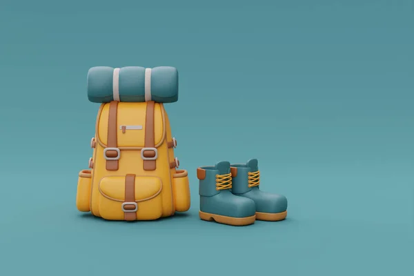 Travel backpack with camping equipment, hiking shoes, elements for camping, summer camp, traveling, trip, hiking, 3d rendering