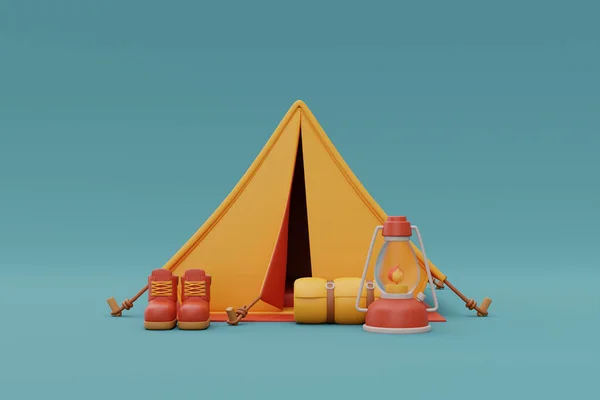 Camping equipment with hiking shoes, lantern and hiking hat outside tent on camping site, holiday vacation, 3d rendering