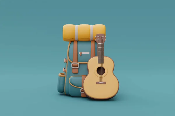 Mochila Viaje Con Guitarra Elementos Para Acampar Campamento Verano Viajar — Foto de Stock
