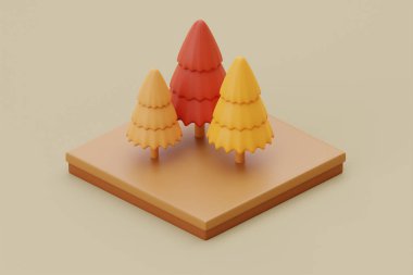 Doğada ağaçlı bir kamp yeri, kamp için elementler, yaz kampı, seyahat, gezi, yürüyüş. izometrik, 3D görüntüleme