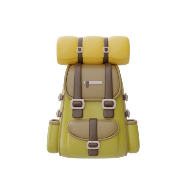 Beyaz arka planda izole edilmiş seyahat çantası, kamp malzemeleri, yaz kampı konsepti, tatil tatili. 3d oluşturma