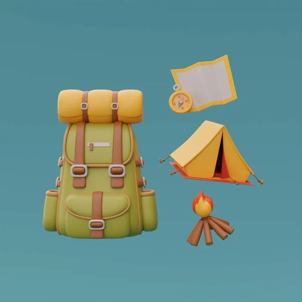 Travel backpack with map, tent and campfire, elements for camping, summer camp, traveling, trip, hiking. 3d rendering