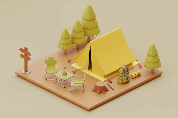 Campsite in nature with tent and camping elements, summer camp, traveling, trip, hiking. isometric, 3d rendering
