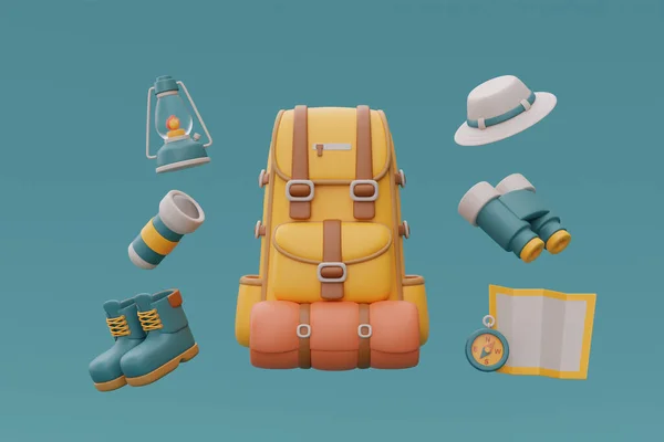 Set of elements for camping with backpack, map, compass, binoculars and flashlight, traveling, trip, hiking. 3d rendering