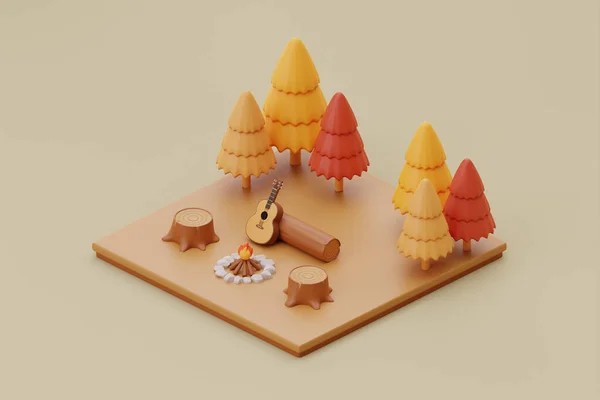 Campsite in nature with Campfire and wood stump, summer camp, traveling, trip, hiking. isometric camping, 3d rendering