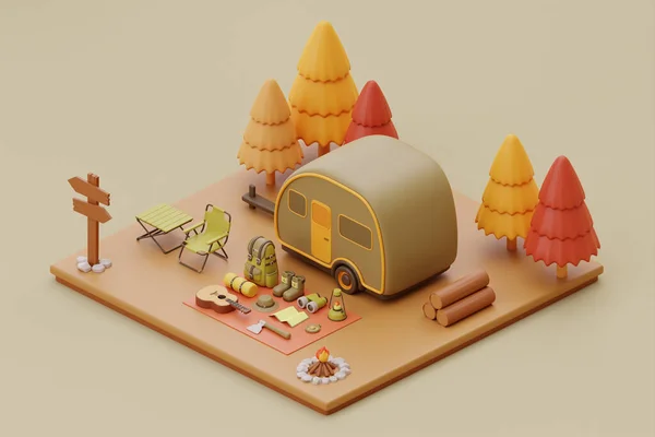Campsite in nature with camping trailer and camping elements, summer camp, traveling, trip, hiking. isometric, 3d rendering