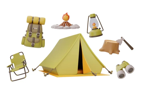 Set of elements for Camping, tant, backpack, folding chair, campfire, lantern, binoculars and stump isolated on white background. 3d rendering