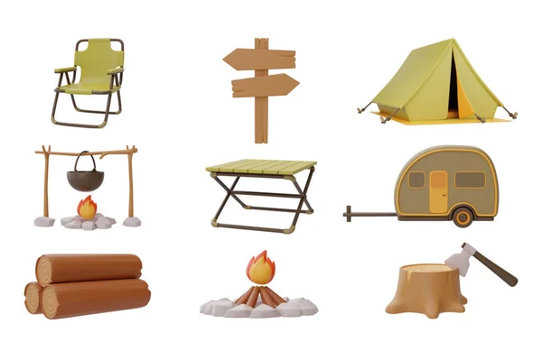 Set Von Elementen Für Camping Tant Klappstuhl Tisch Lagerfeuer Baumstumpf — Stockfoto