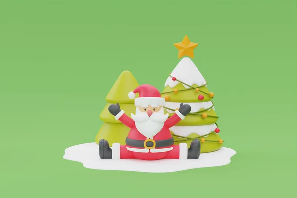 Renderização Desenho Animado Personagem Santa Claus Com Árvores Natal Feliz — Fotografia de Stock