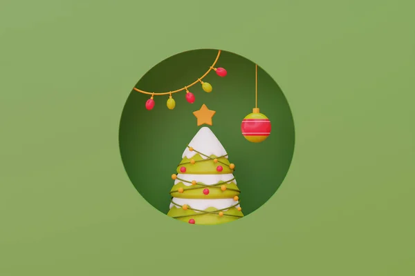 圣诞背景与松树三宝和圣诞装饰品 圣诞快乐 新年快乐 3D渲染 — 图库照片