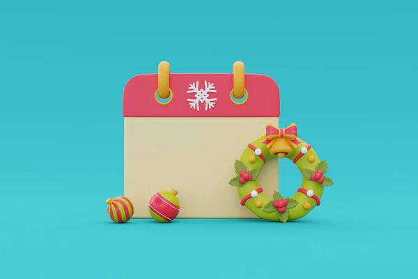 有圣诞花环和装饰球的冬季日历 圣诞快乐 新年快乐 3D渲染 — 图库照片