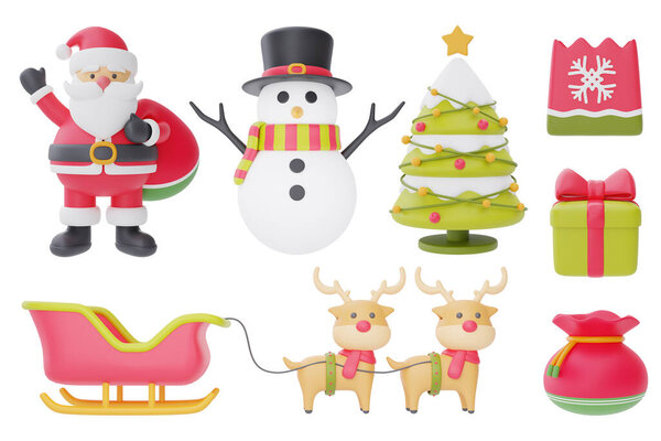 Christmas and New Year decorations collection. Set of 3d ornaments for christmas design isolated on white background.  3d rendering