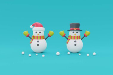 Çizgi film karakteri, kardan adam ve çam ağacıyla Noel arkaplanı. Mutlu Noeller ve mutlu yıllar. 3d oluşturma