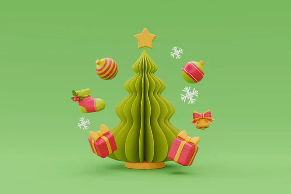 松树与圣诞装饰品和姜饼 圣诞快乐 新年快乐 3D渲染 — 图库照片
