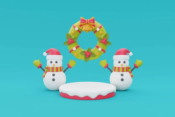 Kerst Achtergrond Met Cartoon Karakter Sneeuwpoppen Dennenboom Vrolijk Kerstfeest Gelukkig — Stockfoto