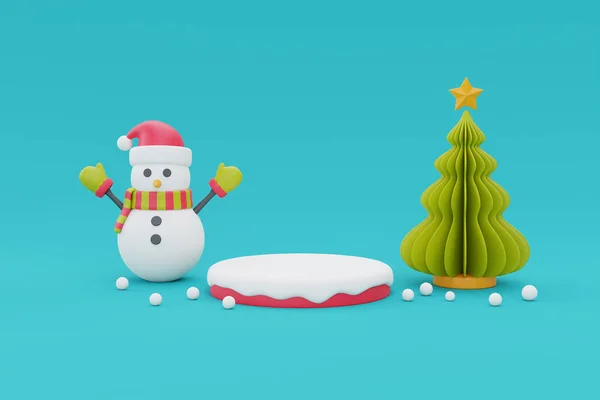 Kerst Achtergrond Met Cartoon Karakter Sneeuwpoppen Dennenboom Vrolijk Kerstfeest Gelukkig — Stockfoto