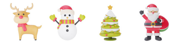 Set of 3d cartoon character santa claus, snowman, reindeer and pine tree for christmas design isolated on white background.  3d rendering