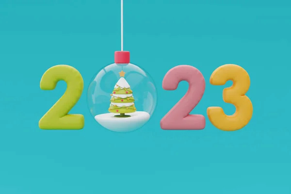 Bolas Vidro Penduradas Fita Com Número Colorido 2023 Árvore Natal — Fotografia de Stock