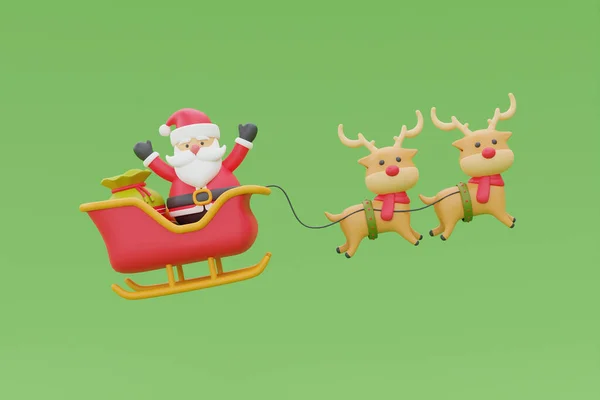 Santa Claus Sitting Reindeer Sleigh Ride Flying Merry Christmas Happy — Stock Photo, Image