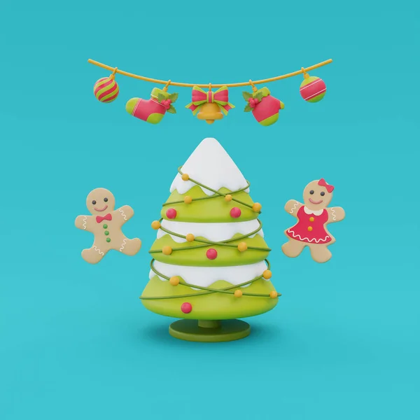 松树与圣诞装饰品和姜饼 圣诞快乐 新年快乐 3D渲染 — 图库照片