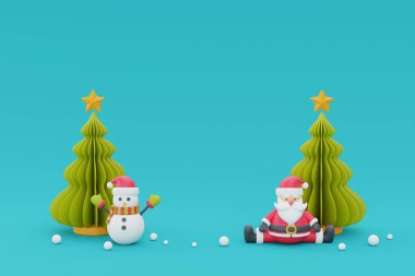 Noel arkaplanı, çam ağaçları, Noel Baba ve Noel süsü. Mutlu Noeller ve mutlu yıllar. 3d oluşturma