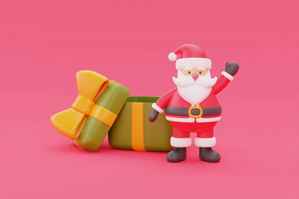 3d render of cartoon character santa claus with gift box. Merry Christmas and New Year