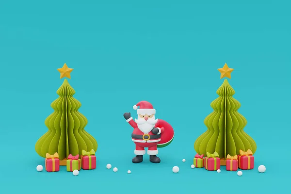 Kerstachtergrond Met Dennenbomen Kerstman Kerstversiering Vrolijk Kerstfeest Gelukkig Nieuwjaar Destructie — Stockfoto