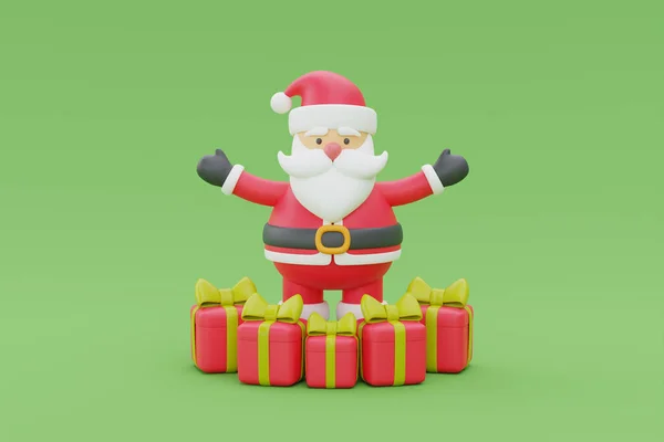 3d render of cartoon character santa claus with gift box. Merry Christmas and New Year