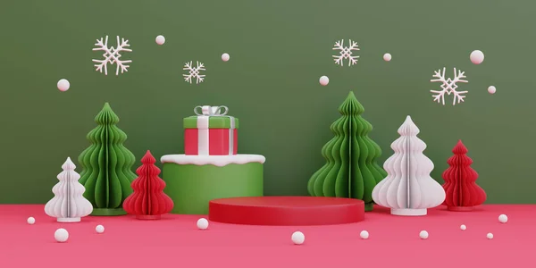 クリスマスとクリスマスの松の木の装飾と新年の背景 コピースペースのある製品ディスプレイ 3Dレンダリング — ストック写真