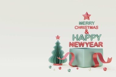 Yılbaşı ve yeni yıl arkaplanı açık hediye kutusu ve Noel için çam ağacı süslemesi. 3d oluşturma