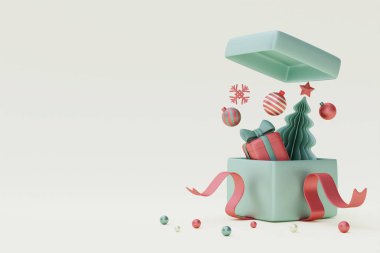 Yılbaşı ve yeni yıl arkaplanı açık hediye kutusu ve Noel için çam ağacı süslemesi. 3d oluşturma