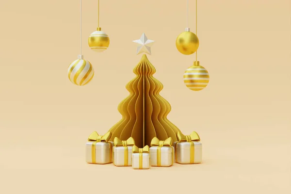 Noel Yeni Yıl Arkaplanı Hediye Kutusu Noel Için Altın Çam — Stok fotoğraf