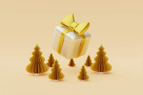 Christmas New Year Background Gift Box Gold Xmas Pine Tree — Stock Photo, Image