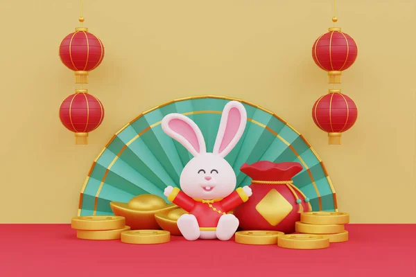 Año Nuevo Chino Banner Wwith Conejo Lindo Dinero Oro Riqueza —  Fotos de Stock